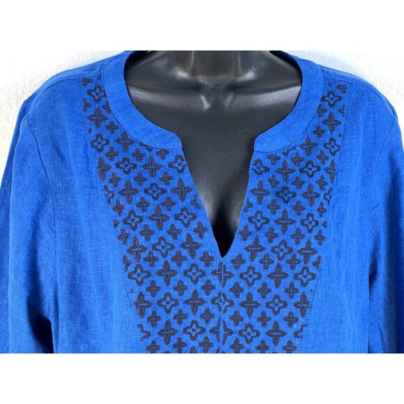 BEAUTIFUL by Lawrence embroidered flax linen blend tunic sz L blue - Picture 1 of 7